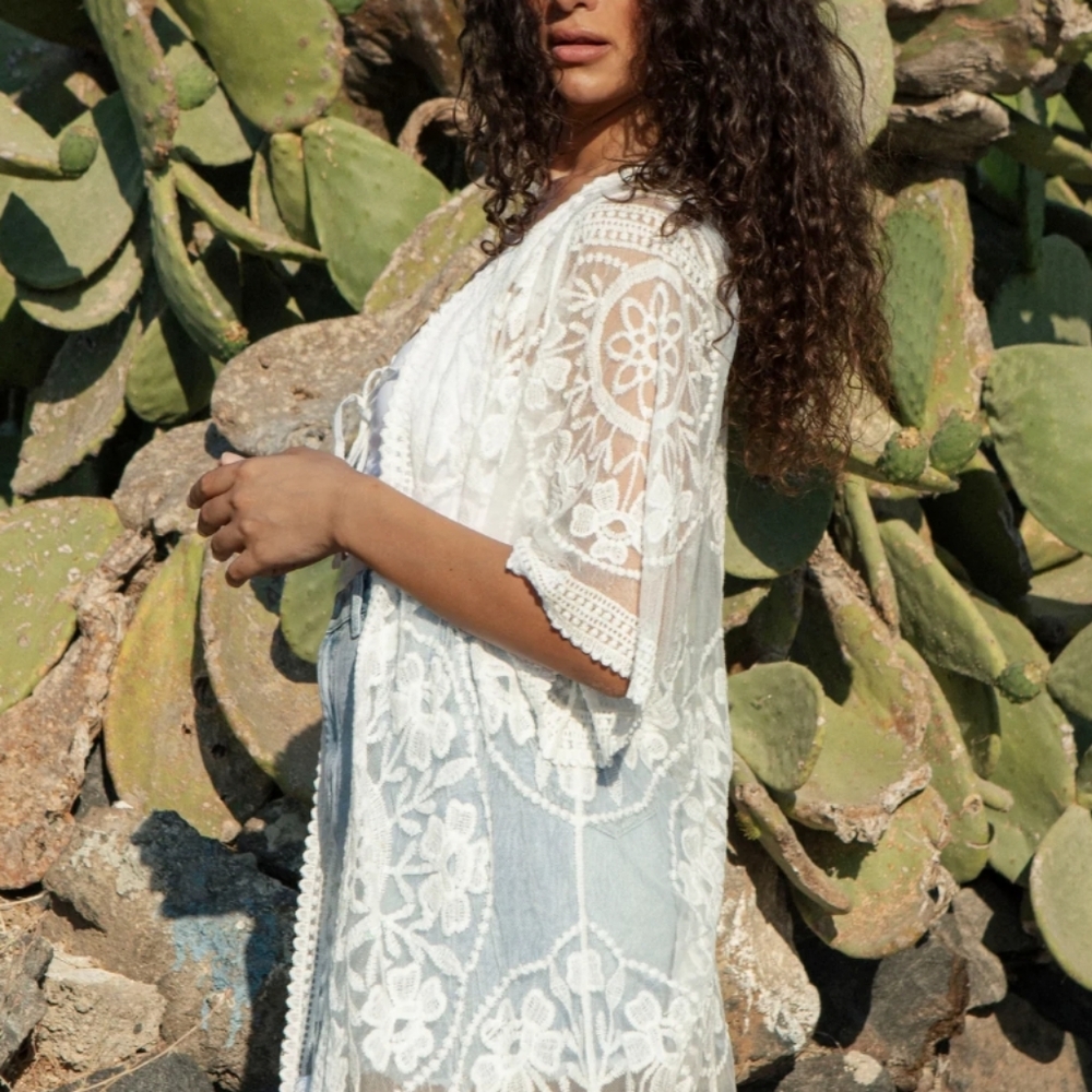 PQLA Open Cardigan with Embroidery Details & Fringe Hem